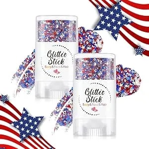4th Of July Glitter Stick Red White Blue Hair Glitter Stick,Red White And Blue Star Face Glitter Stick, Usa Flag Makeup For American 250 Independence Day, 4th Of July Accessories For Women Kids (#A)