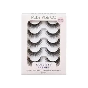Dreamy Doll Eye dd002 Faux Mink Lashes, Black, Soft-Focus Doll Look, Lightweight & Reusable Cotton Band, Full - Length, 5 Pairs - Ruby Vibe Co