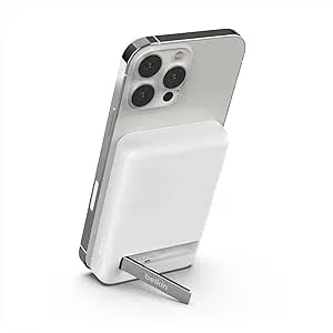 Belkin Portable Charger, Wireless Power Bank 5000 Mah Magsafe Charger 7.5W, Built-In Pop-Up Kickstand - Iphone 17, Air, Pro, Pro Max, Airpods, Apple Watch, Google Pixel 10, Etc. - White