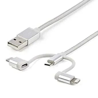 Startech.Com USB Multi Charging Cable - 3.3 Ft / 1m - Lightning / USB-C / Micro-USB - Braided - Mfi Certified - USB 2.0 - 3 In 1 Charging (LTCUB1MGR) Silver