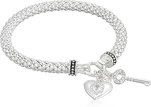 Nine West Women'S Crystal Heart Key Stretch Bracelet Silver Tone