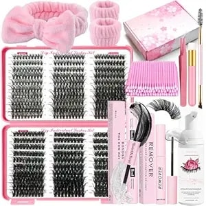 Dnsgoor Diy Lash Extension Kit 590pcs 9-18mm D Curl Lashes Clusters With Lash Bond And Seal Glue Remover Lash Shampoo Cleansing Brush Headband Wristband Tweezers Eyelash Brush Applicator