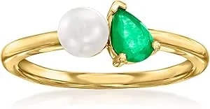 Ross-Simons 5mm Cultured Pearl And .30 Carat Emerald Toi Et Moi Ring In 14kt Yellow Gold
