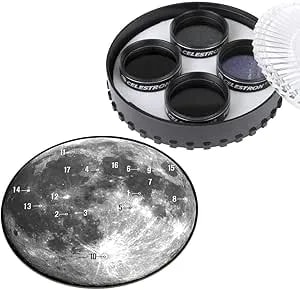 Celestron – Moon Filter Kit – Fits 1.25' Telescope Eyepieces – Includes 4 Neutral Density And Sky Glow Filters Plus Lunar Map – Perfect Accessory For Astronomy Beginners