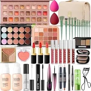 All In One Makeup Kit For Women Full Kit, Professional Travel Makeup Kit For Women & Teens, Foundation Eyeshadow Lipstick Brow Pencil Eyeliner Contour Powder, Complete Make Up Gift Set For Beginners