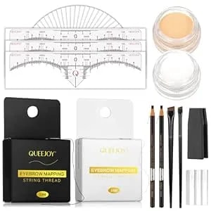 Brow Mapping Kit Includes 10m X Black&White Mapping String, 50pcs Eyebrow Ruler Stickers,White And Light Beige Brow Concealer & 2 Brow Brushes, Eyebrow Pencil Razor Sharpener And Instruction