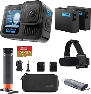 Gopro hero13 Black Action Camera With 5.3k60 Video, 27mp Photos, Hypersmooth 6.0 Stabilization, The Handler Grip, 2 Enduro Batteries, 64gb Sd Card, Head Strap, Adhesive Mounts, 1-Year Warranty
