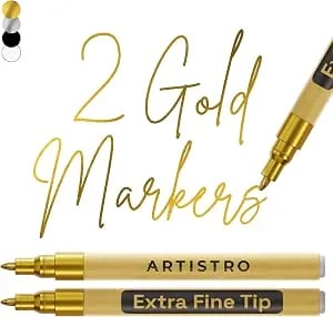 Artistro Gold Acrylic Paint Markers - 0.7mm Extra Fine-Tip - Set Of 2 - Metallic Paint Pens, Perfect For Crafting, Art Projects, & More