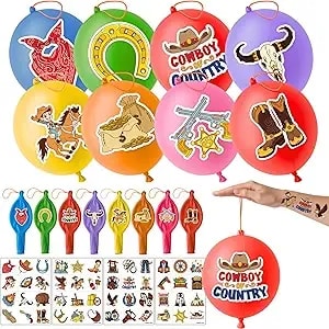 72 Pcs Cowboy Party Favors For Kids – 48 Pre-Cut Temporary Tattoos & 24 Cowboy Punch Balloons Themed Birthday Party Decorations Supplies Favors Gifts, Goodie Bag Fillers, Classroom Rewards