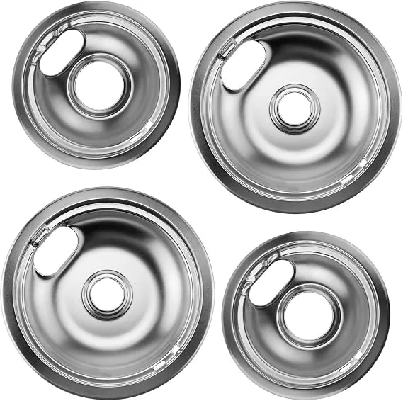 w10196406 And w10196405 Chrome Stove Burner Drip Pan Set For Whirlpool Amana Maytag Magic-Chef Kenmore Electric Range With Locking Slot, Includes 2 6-Inch And 2 8-Inch Drip Bowls
