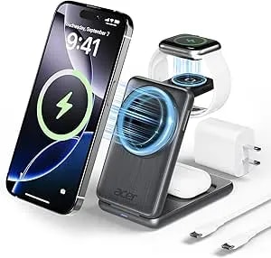 Acer 3 In 1 Charging Station For Apple Device, Magnetic Wireless Foldable Fast Charger Stand Compatible With Magsafe For Iphone, Apple Watch & Airpods, Foldable Charging Dock For Desk S3