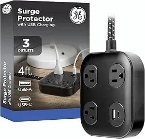 Ge Ultrapro 3-Outlet Surge Protector With Usb, 245 Joules, 1 Usb-A & 1 Usb-C Port, 4ft Braided Extension Cord, Flat Plug, Adapter-Spaced Outlets, Etl Certified, Black, 85876