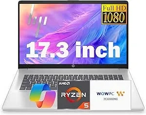 HP 17.3 Inch FHD Business Laptop With MS Office For The Web, AMD Ryzen 5 7430U (Beats Core i7-1355U), 8GB RAM, 628GB Storage (500GB External Drive), Long Battery Life, Windows 11, Wowpc 3-In-1