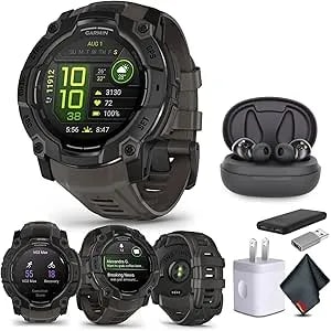 Garmin Instinct 3 45mm Amoled Display Outdoor Gps Smartwatch, Metal-Reinforced Bezel, Built-In Flashlight, 18 Days Battery Life, Black (010-02936-00) With Earbuds Bundle
