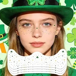 St Patricks Day Accessories Metallic Gold & Green Shamrock Freckles Temporary Tattoos - Shimmer Foil Clover Face Stickers For Women Girls, Waterproof Sparkle Irish Party Makeup (8 Sheets)