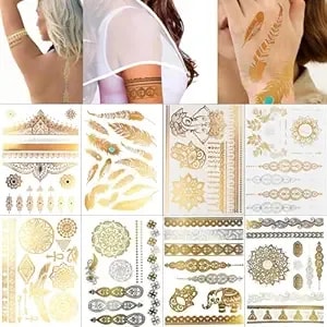 Glaryyears Metallic Gold Silver Temporary Tattoos, Large Big Fake Flash Glitter Animals Tattoo Stickers, 8 Pack For Women Men Adults Girls Body Beach Festivals Parties