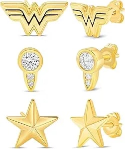 Dc Comics Wonder Woman Stud Earrings Set, 3 Pairs, Flash Plated
