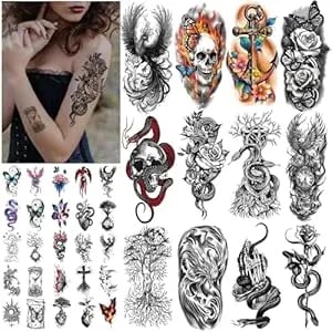 77 Sheets Phoenix Skull Snake Temporary Tattoos For Adult Men Women Kids, Tree Of Life Butterfly Rose Feather Half Arm Fake Tattoos Stickers