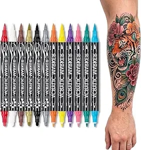Ijiang 12-Count Colors Temporary Tattoo Markers For Skin, Dual-End Acrylic Body Markers Pens, Skin-Safe Waterproof Tattoo Pen Kit, Quick Dry & Long Lasting Face Painting Kit For Adults Teens Kids