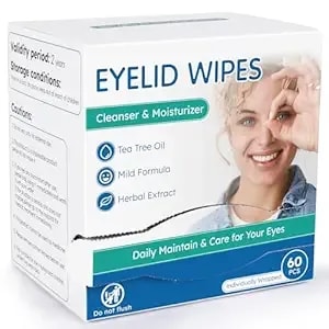 60-Count Eyelid Cleansing Wipes For Dry Eye & Blepharitis, Tea Tree Oil Pre-Moistened Hypoallergenic Eyewipes For Sensitive Itchy Eyes, Individually Wrapped Eyelid Wipes Travel Essentials