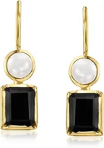 Ross-Simons Onyx And 4.5-5mm Cultured Pearl Drop Earrings In 18kt Gold Over Sterling
