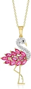 Ross-Simons 1.60 Ct. T.W. Pink Topaz And .30 Ct. T.W. White Zircon Flamingo Pendant Necklace With Single Black Spinel In 18kt Gold Over Sterling. 18 Inches