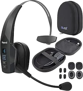 Blueparrott b350-Xt Bpb-35020 Noise Canceling Bluetooth Headset With 300-Ft Wireless Range For Ios And Android Bundle With Blucoil Headphones Carrying Case, And Replacement Ear Pads