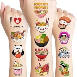 96 Pcs Funny Ramen Pre-Cut Temporary Tattoos Noodle Stickers Japanese Foodie Themed Party Supplies Birthday Decorations Favors Cute Fake Tattoo Gifts For Kids Girls Boys Decor School Reward Christmas