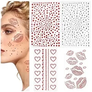 Face Gems Self-Adhesive Face Jewels Stickers, Red Lip Heart Hair Gems, Festival Kiss Love Jewels, Face Rhinestone Stickers For Makeup, Eye, Hair, Body, Rave Accessories, Stick On Gems For Women