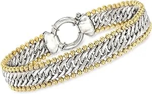 Ross-Simons Sterling Silver And 18kt Gold Over Sterling Cuban-Link And Bead Bracelet