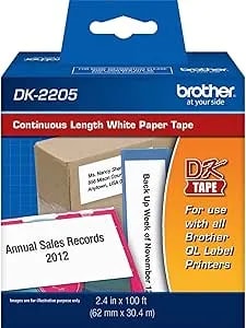 Brother Genuine, DK-2205 Continuous Paper Label Roll, Cut-To-Length Label, 2.4” X 100 Feet, (1) Roll Per Box