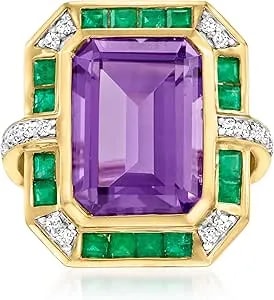 Ross-Simons 7.00 Carat Amethyst, .80 Ct. T.W. Emerald And .20 Ct. T.W. Diamond Ring In 14kt Yellow Gold