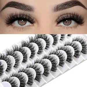 Farred Mink Lashes False Eyelashes Cat Eye Strip Lashes Wispy Faux Mink Eye Lash Fluffy Eyelash Natural Look 10 Pairs Fake Lashes Pack Full Volume Lash Strips PestañAs