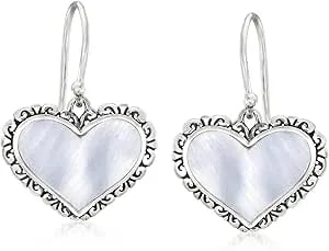 Ross-Simons Mother-Of-Pearl Bali-Style Heart Drop Earrings In Sterling Silver