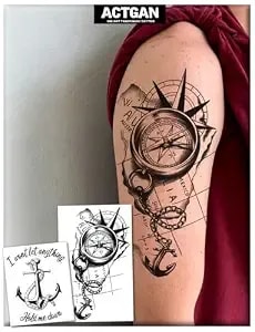Semi Permanent Tattoos, 2 Sheets Realistic Temporary Tattoo For Men Arms, Lasts 1-2 Weeks Waterproof Non-Reflective Ink Art Tattoo Stickers For Summer Party, Large Nautical Compass & Anchor