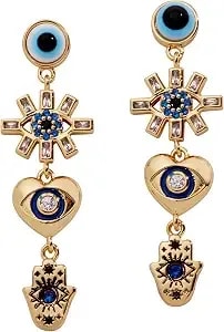 Alex And Ani Gold-Plated Evil Eye Earring - Crystal Pavé & Baguette Stones, Charm Hamsa & Heart, Symbolizes Protection & Strength, Ideal Evil Eye Jewelry For Women