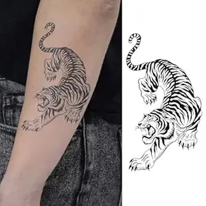 Tiger Temporary Tattoo For Men & Women – 2 Sheets Of Realistic Black Ink Beast Fake Tattoo, Bold Animal Body Art For Arm, Chest, Back & Shoulder