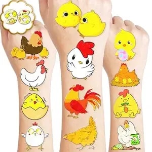 96 Pcs Chicken Pre–Cut Temporary Tattoos Birthday Party Decorations Favors Supplies Yellow Chicken Farm Animals Decor Stickers For Girls Boys Gift School Prizes Rewards