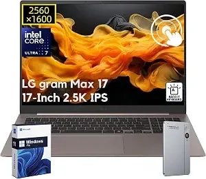 Lg Gram Max 17 Touchscreen Laptop, Intel Ultra 7 355, 32gb ddr5, 1tb Ssd - 2.5k Ips Display - Backlit Kb - Wi-Fi 7 - Fast Charge - Long Battery Life - Win 11 Pro - Lightweight - W/Ai Recorder