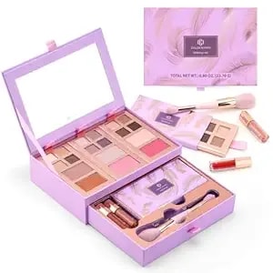 Color Nymph Small Makeup Palette Set For Face - Cosmetics Gift Set For Women & Girls - 12 Colors Eyeshadow, Blush, Highlighter, Contour Powder, Lip Gloss & Brush Kit - Travel-Friendly (Purple)