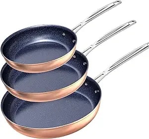 Nuwave 3-Piece Fry Pan Set, 8”, 10”, 12” Forged Lightweight, g10 Healthy Duralon Blue Ceramic Ultra Non-Stick, Induction-Ready & Works On All Cooktops, Ergonomic Stay-Cool Handles