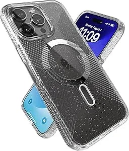 Speck Iphone 15 Pro Max Case - Clicklock No-Slip Interlock, Built For Magsafe, Drop Protection Grip - Anti-Yellowing 6.7 Inch Phone Case - Presidio Lux Grip Clear/Platinum Glitter