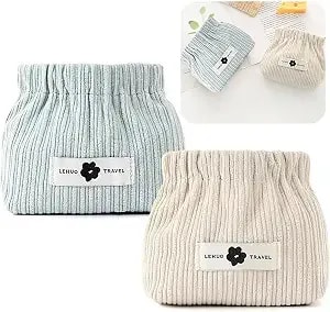 2pcs Corduroy Elastic Hair Tie Organizer Portable Travel Small Makeup Pouch Corduroy Lipstick Storage Bag For Hair Jewelry Lipstick Coin Purse For Women(Blue+White)