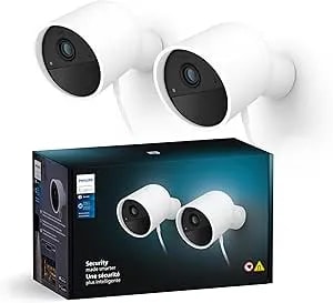 Philips Hue Secure Wired Camera-2 Pack, 1080p Resolution, Notifications, Seamless Integration, Continuous Power, Indoor And Outdoor, White. Free 24-Hour Video History