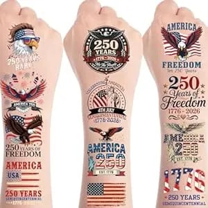 250th Anniversary Temporary Tattoos - 8 Sheets Usa 4th Of July Independence Day Patriotic Tattoo Stickers American Flag Eagle Designs For 1776-2026 Anniversary Party Decorations Adults Teens