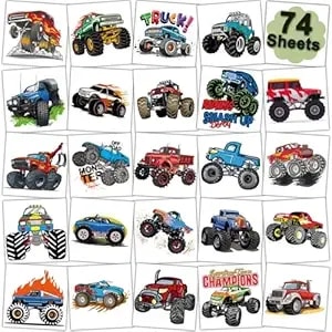 Charlent Monster Truck Temporary Tattoos For Kids Party Supplies - 74 Individually Sheets Monster Truck Tattoos For Boys Birthday Party Favors Goodie Bag Fillers