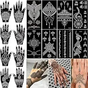 Xmasir 16 Sheets Temporary Henna Tattoo Kit, Reusable Tattoo Stencils Sets Indian Arabian Temporary Tattoo Templates Kit For Body Hand Art