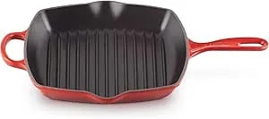Le Creuset Enameled Cast Iron Signature Square Skillet Grill, 10.25", Cerise