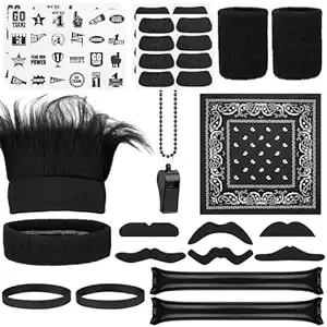 Bonuci 72 Pcs Black Spirit Wear Boys Accessories Items Bulk Team Spirit Week Field Day Camp Spirits Color War Accessories Fake Mustache Crazy Hair Wig Bandana Tattoo Noisemaker Eye Black