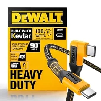 Dewalt Heavy Duty 90-Degree Angled 100w Usb C Cable, Jobsite 100 Watt Usb C Cable, High Speed Type-C To Type-C, Pd Usbc Fast Charging Cord For Iphone 17/16/15 Plus Pro Max Macbook Ipad (6 Ft)